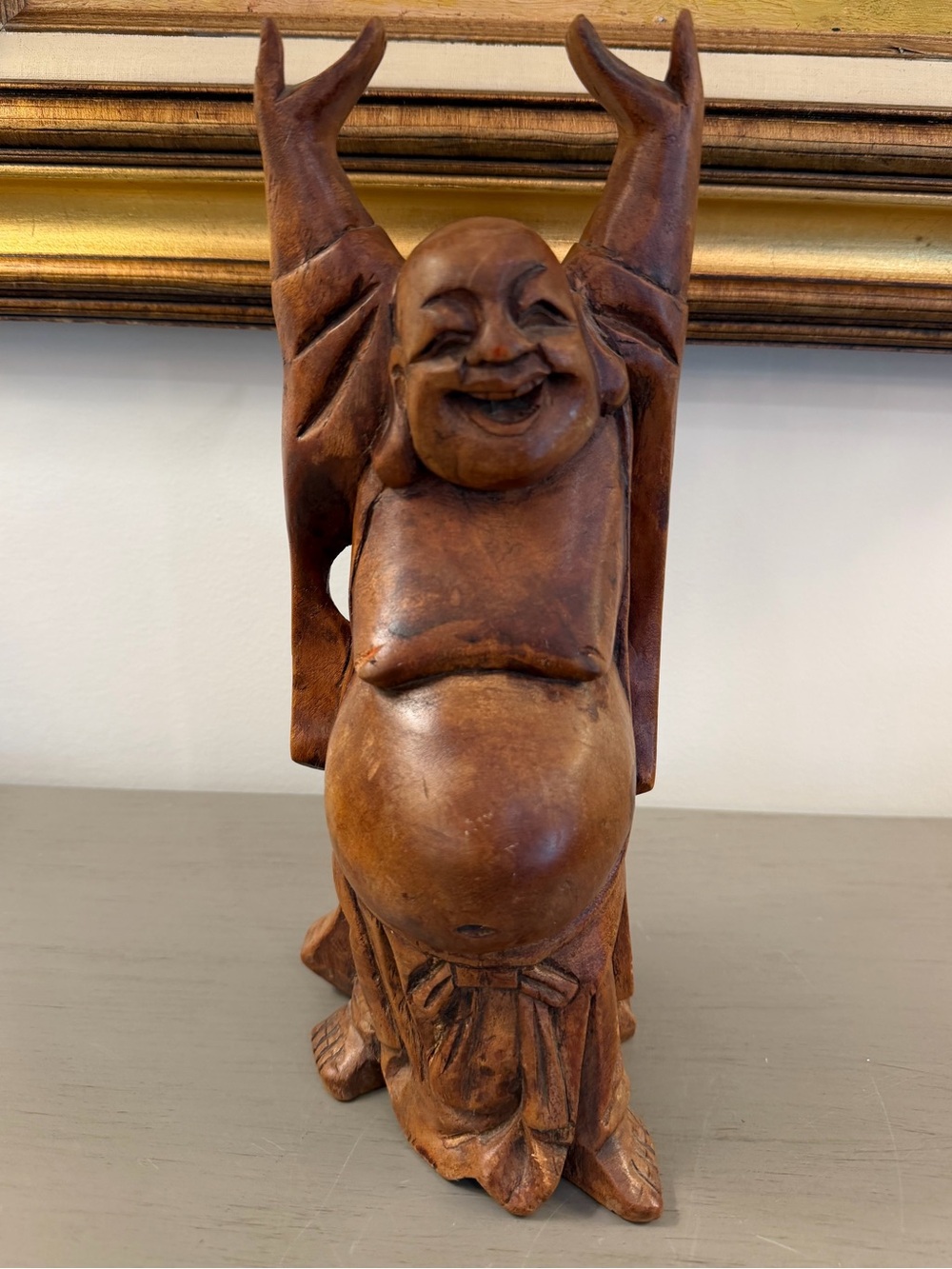 Hand Carved Wooden Laughing Buddha Statue 12” Happy Buddha Figurine Feng Shui